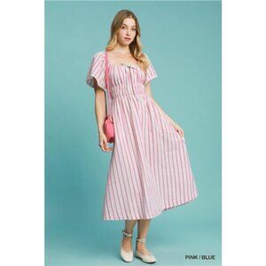 Umgee Smocked Striped Short Sleeve Midi Dress